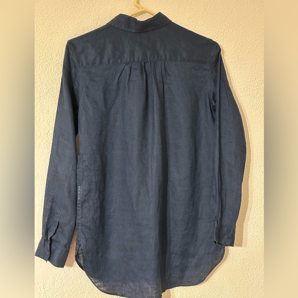 Uniqlo Pullover Shirt Women Navy 100% Linen Collar Button Up Long Sleeve Size XS - Picture 4 of 6